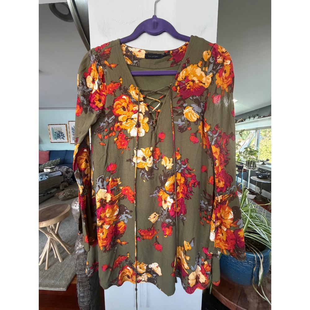 Blu Pepper Floral Tunic Womens Small Green Lace Up Bell Sleeve Boho Cottagecore